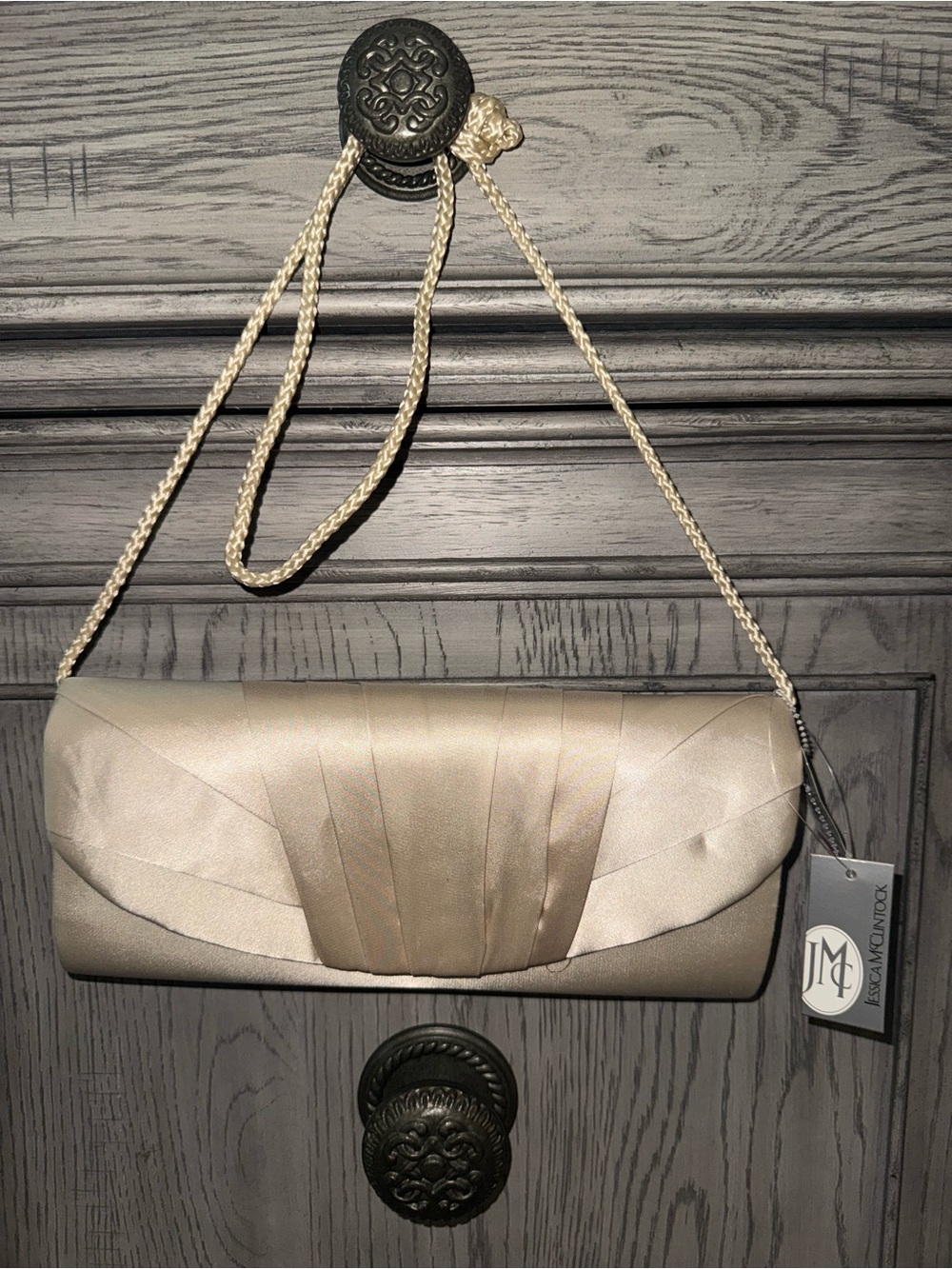 Jessica McClintock Champagne Satin Pleated Evening Clutch with Braided Strap